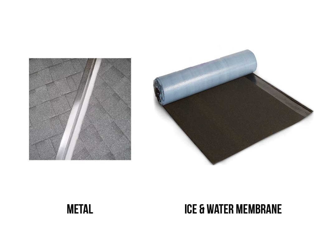 Close-up comparison of ice and water shield membrane and metal valley installation